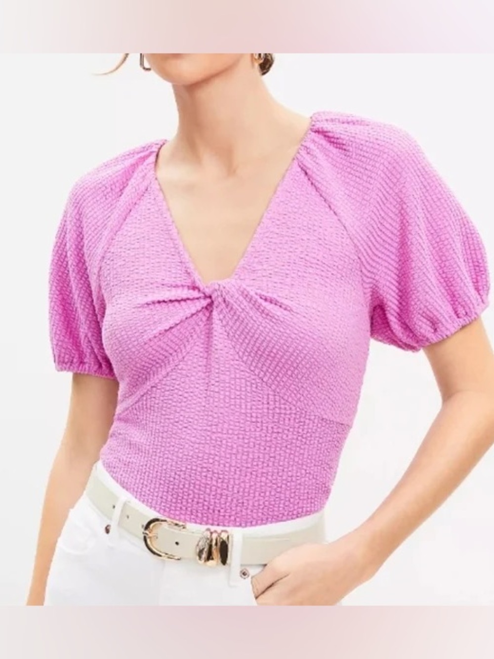 LOFT Seersucker Puff Sleeve Twist Pink Top